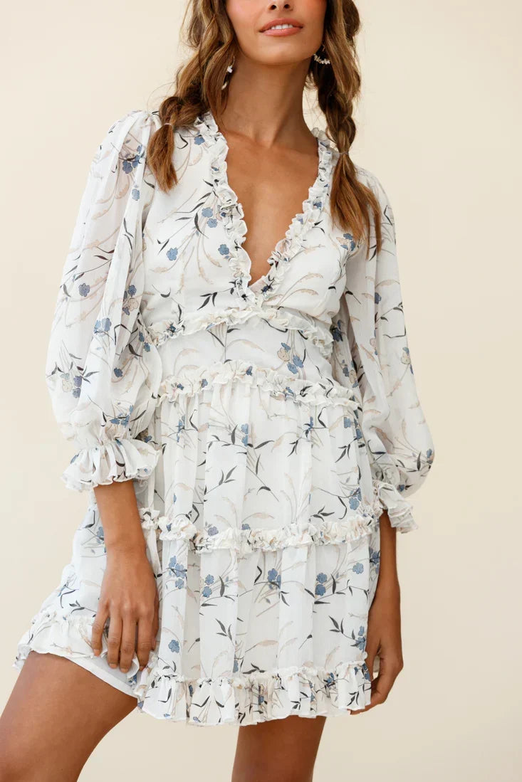 Cutout Back Ruffle Trim Floral Print Mini Dress