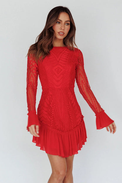 Red Long Sleeve Pleated Hem Mini Dress