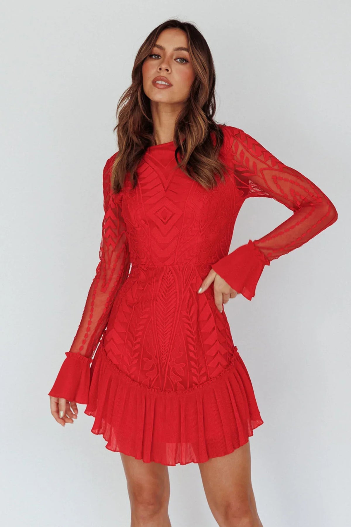Red Long Sleeve Pleated Hem Mini Dress