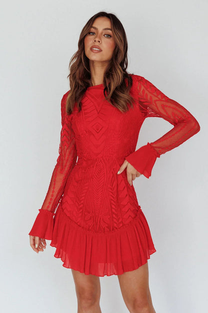 Red Long Sleeve Pleated Hem Mini Dress