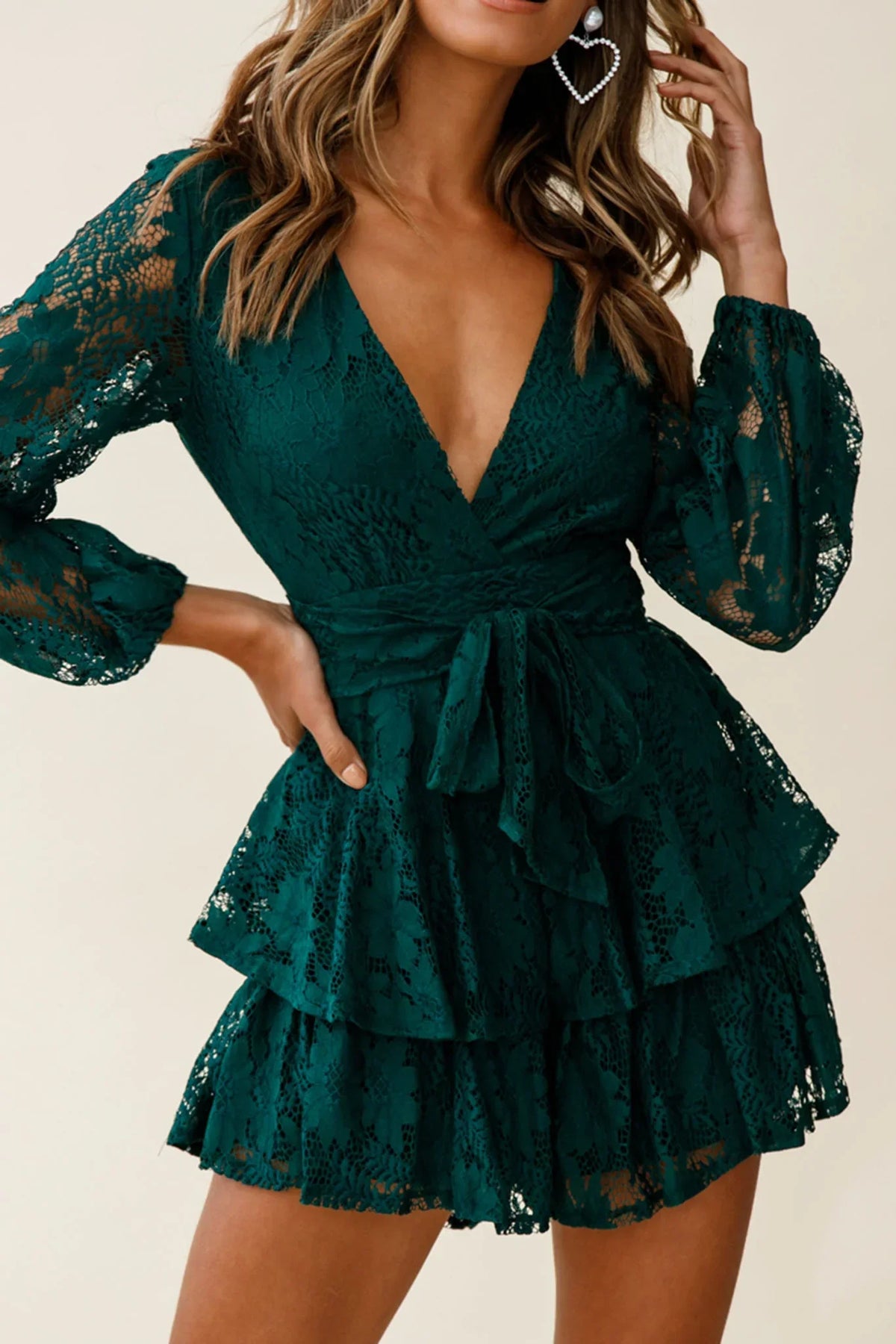 Forest Green Floral Lace Long Sleeve Fit & Flare Romper