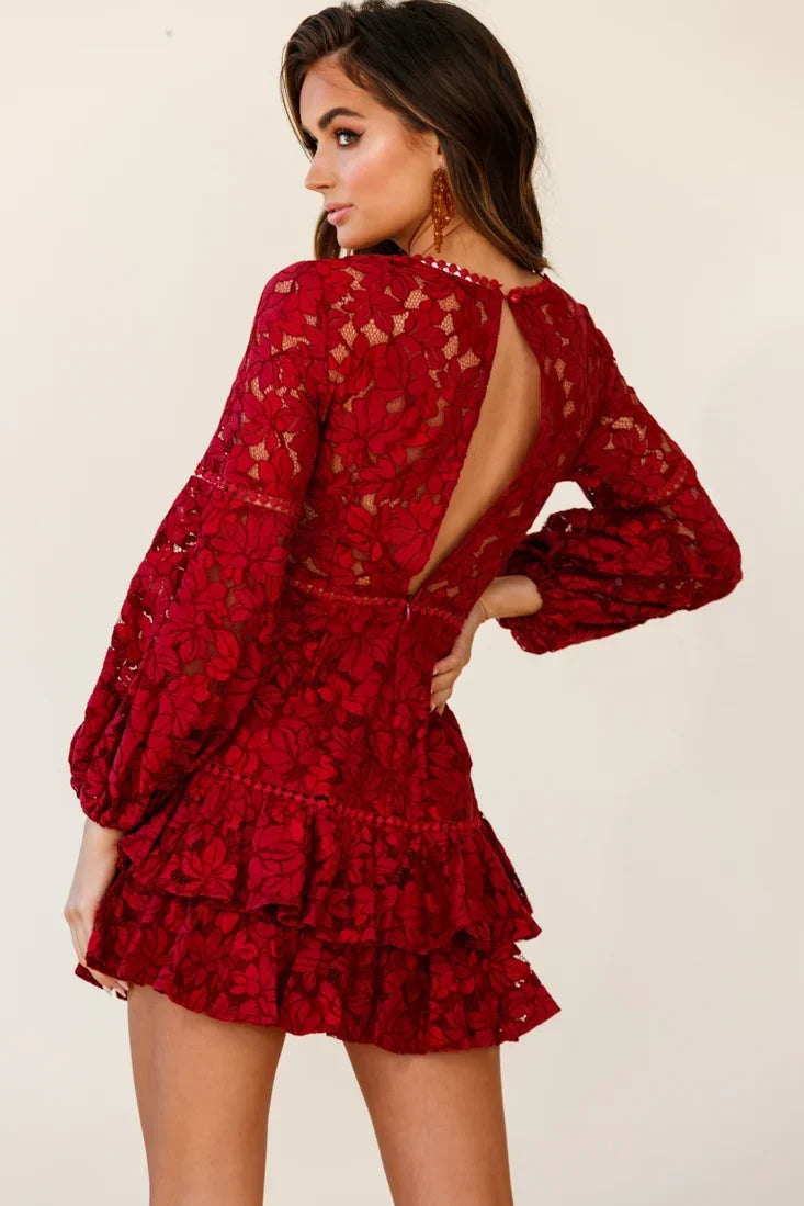 Wine Lace Overlay Long Sleeve Ruffle Mini Dress