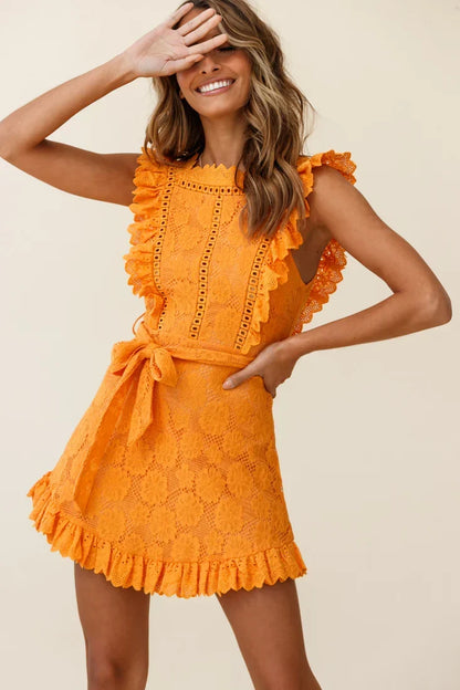 Sleeveless Belted Crochet Frill Mini Dress