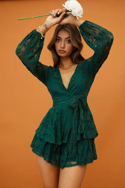 Forest Green Floral Lace Long Sleeve Fit & Flare Romper