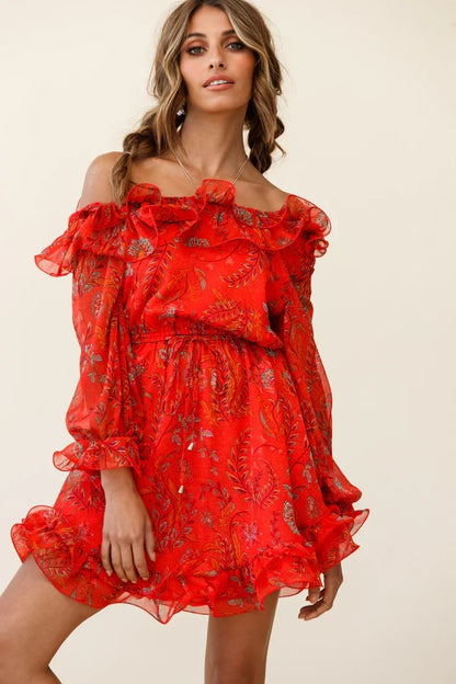 Red Floral Print Off-Shoulder Lettuce Frill Dress