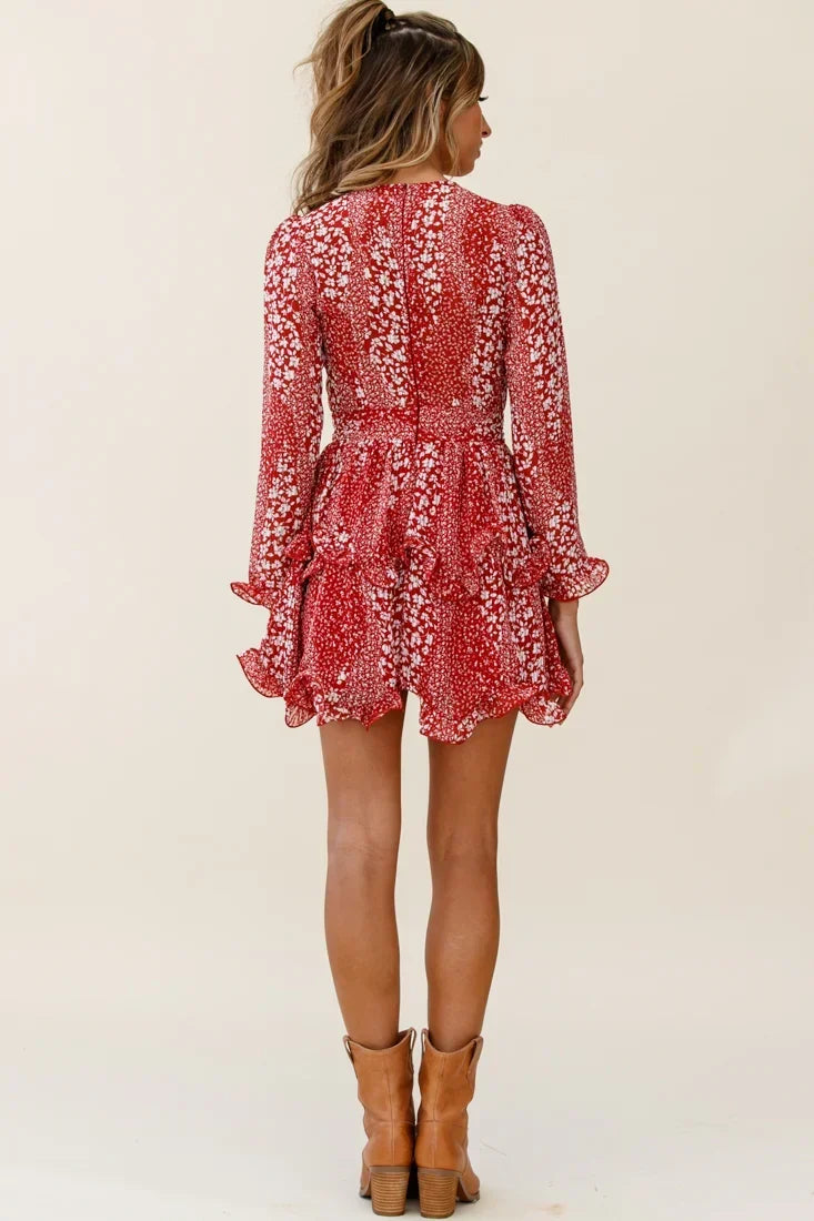 Red Floral Print Tiered Ruffle Chiffon Mini Dress