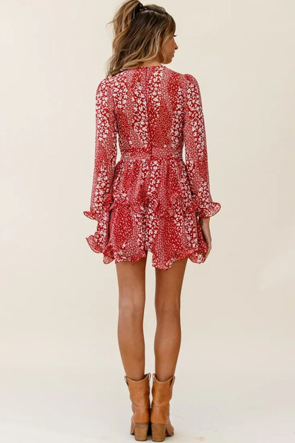 Red Floral Print Tiered Ruffle Chiffon Mini Dress