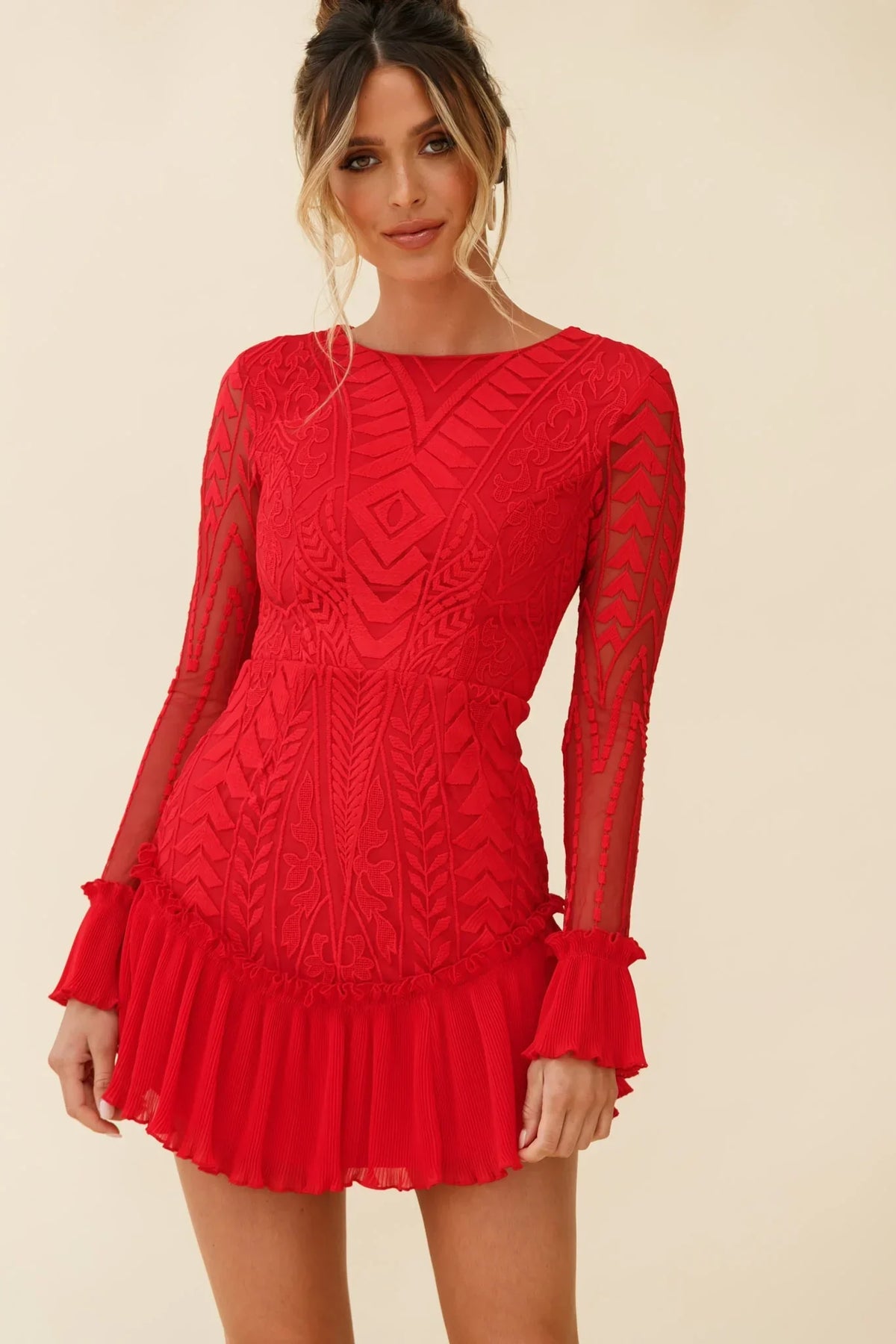 Red Long Sleeve Pleated Hem Mini Dress