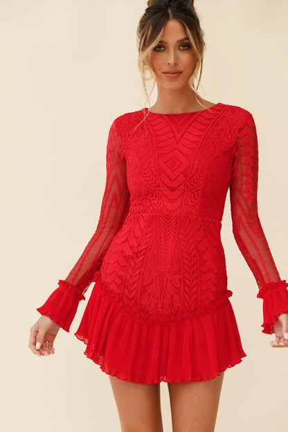 Red Long Sleeve Pleated Hem Mini Dress