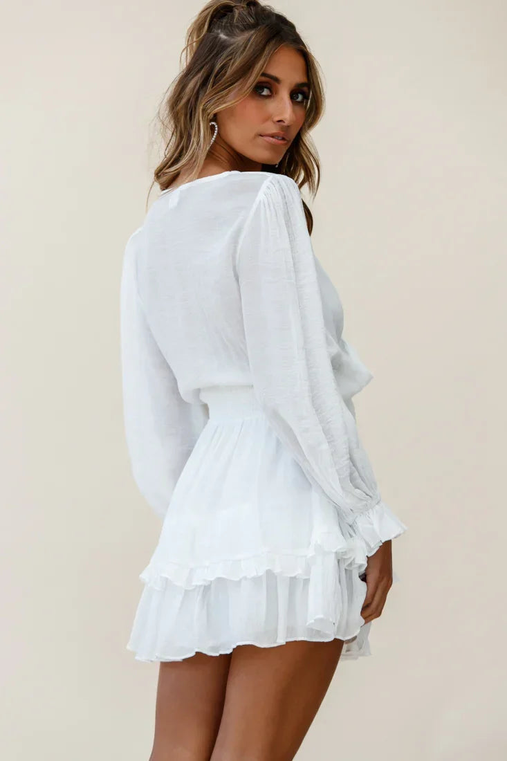 Long Sleeve Bow-Front Layered Frill Mini Dress