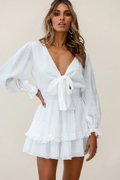 Long Sleeve Bow-Front Layered Frill Mini Dress