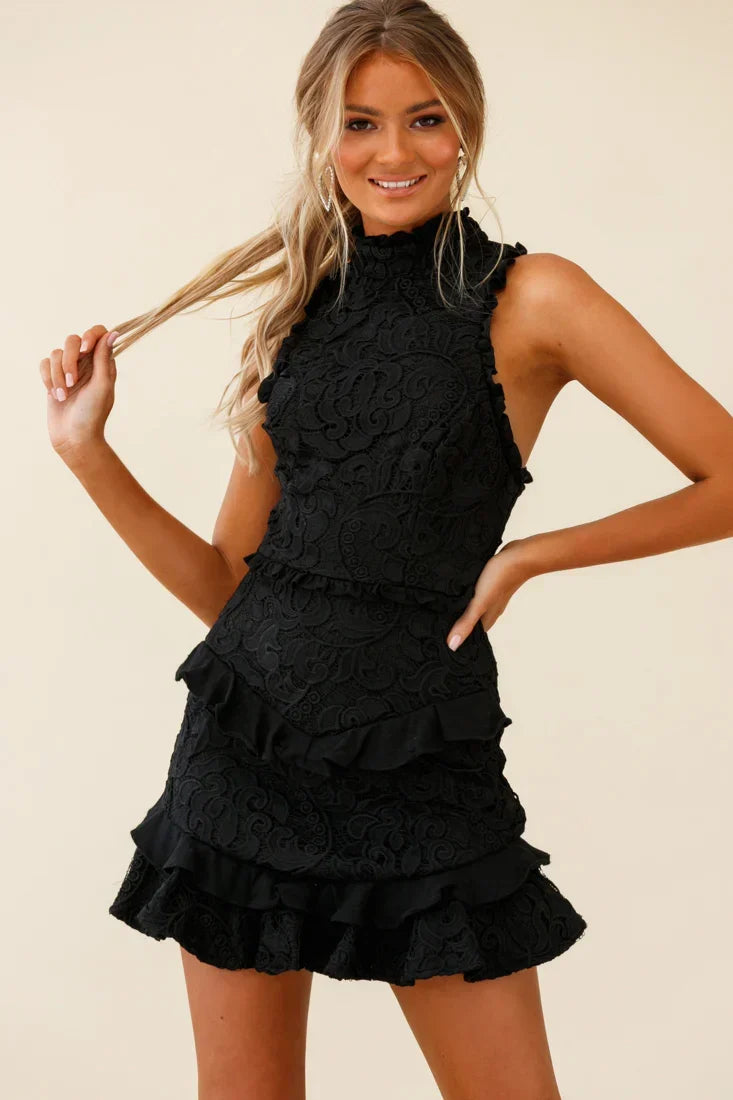 Sleeveless High Neck Ruffle Lace Mini Dress