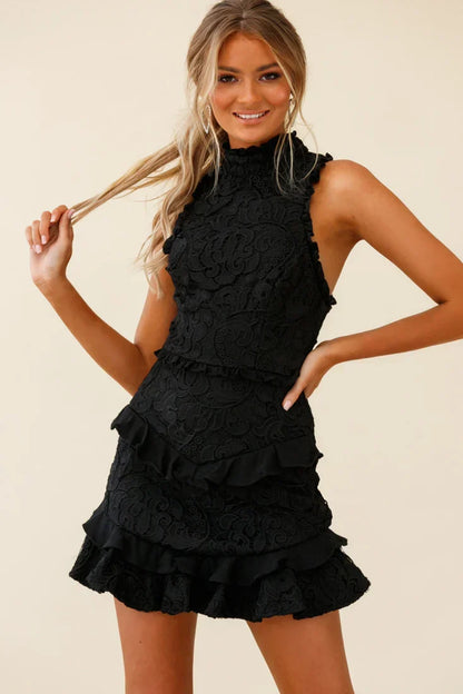 Sleeveless High Neck Ruffle Lace Mini Dress