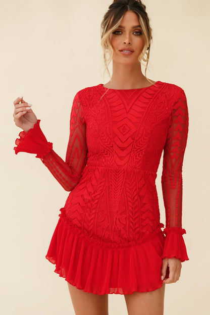 Red Long Sleeve Pleated Hem Mini Dress
