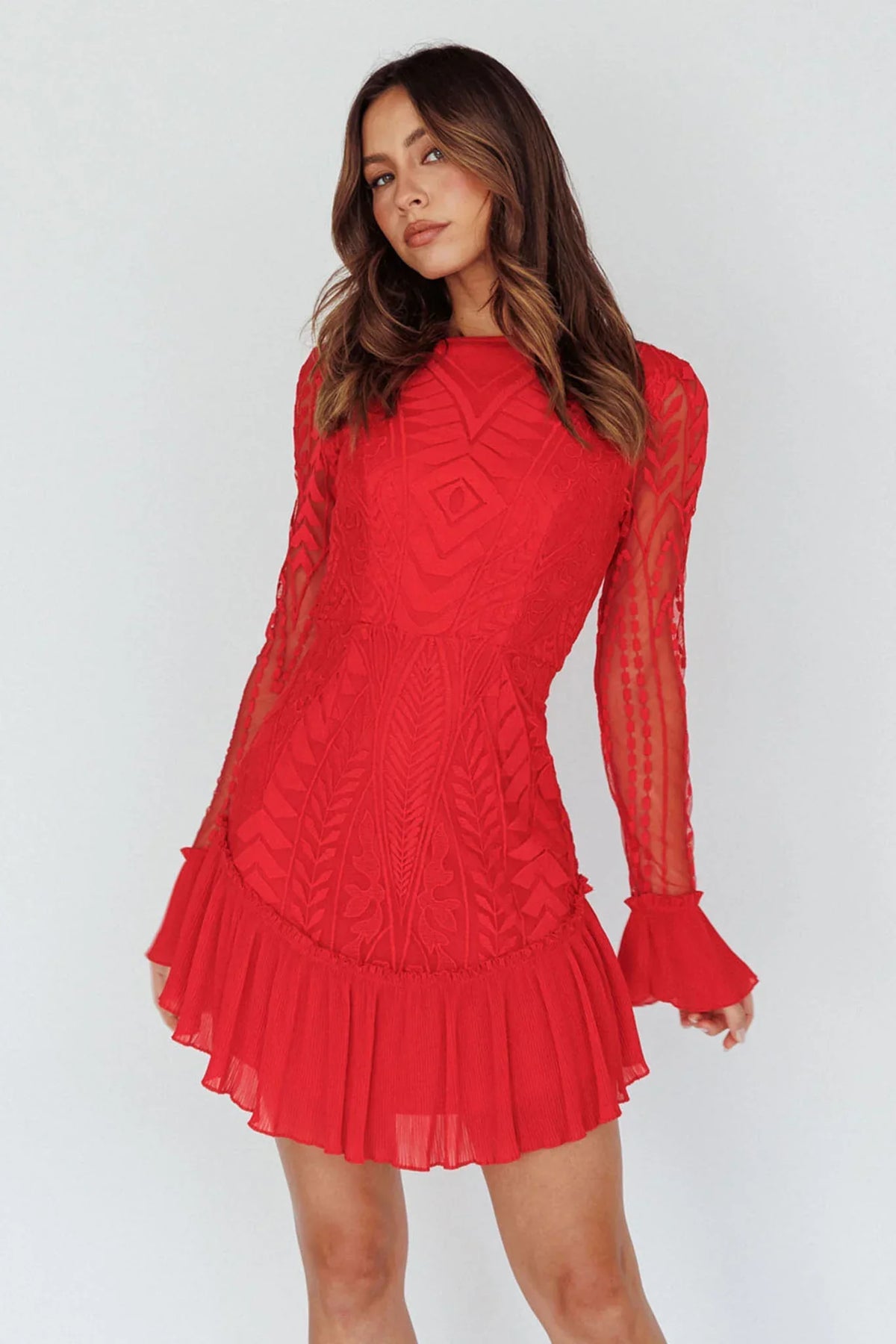 Red Long Sleeve Pleated Hem Mini Dress