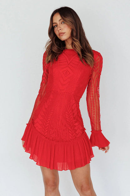 Red Long Sleeve Pleated Hem Mini Dress