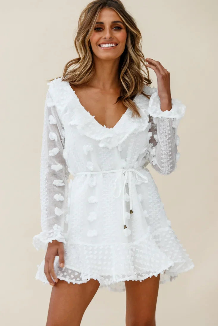 White Embellished Chiffon Long Sleeve Frill Neckline Mini Dress
