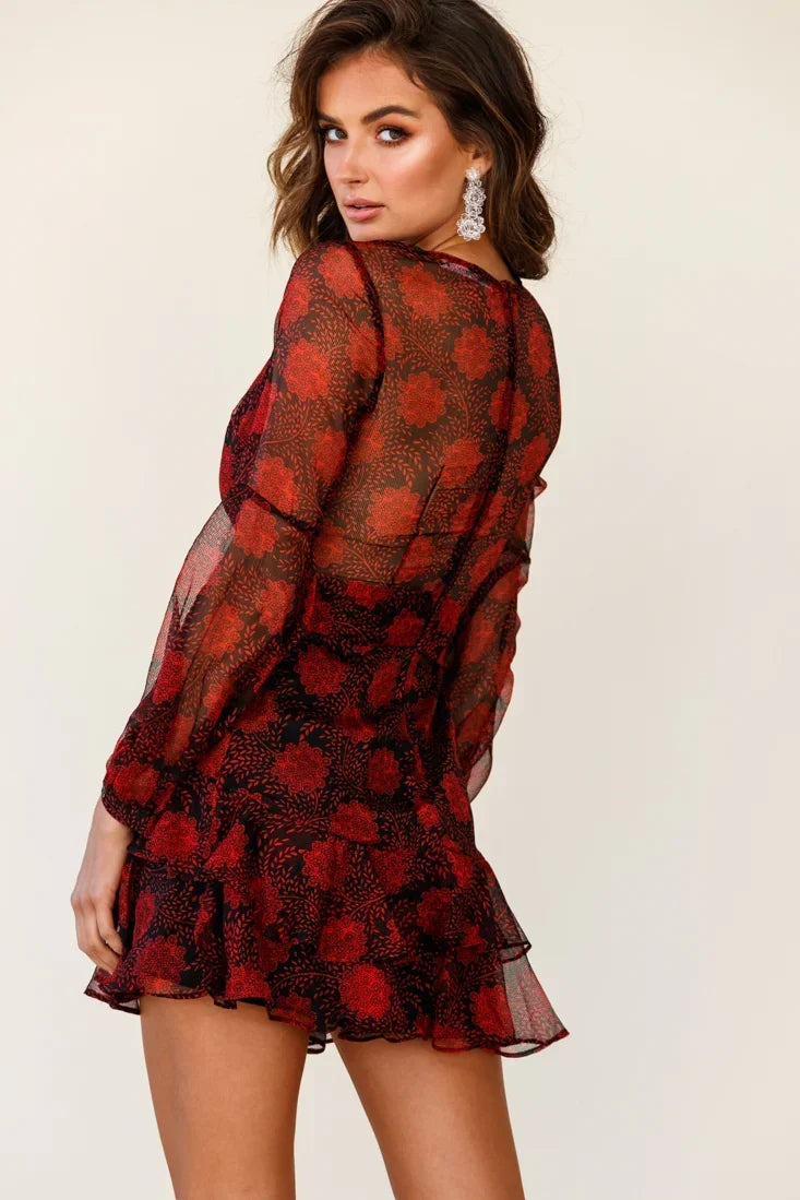Black and Red Floral Print Layered Balloon Sleeve Mini Dress