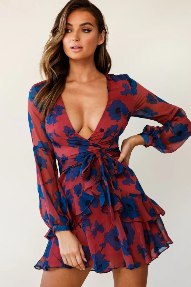 Rose and Blue Floral Print Layered Balloon Sleeve Mini Dress