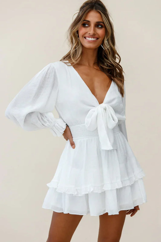 Long Sleeve Bow-Front Layered Frill Mini Dress
