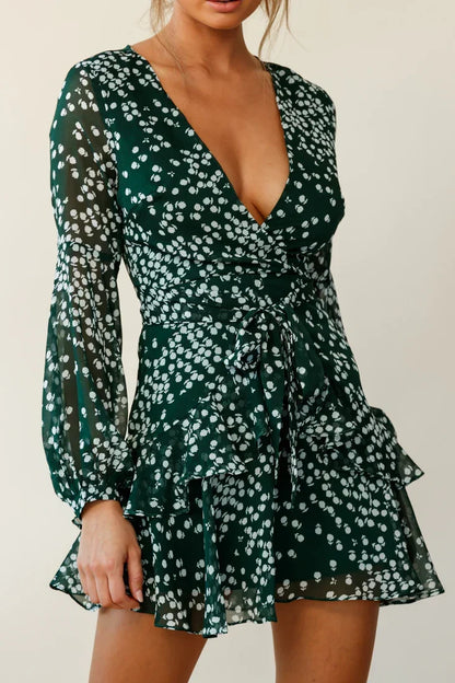 Forest Green Floral Print Layered Balloon Sleeve Mini Dress