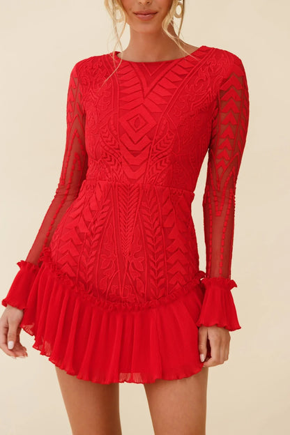 Red Long Sleeve Pleated Hem Mini Dress