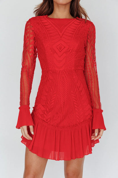 Red Long Sleeve Pleated Hem Mini Dress