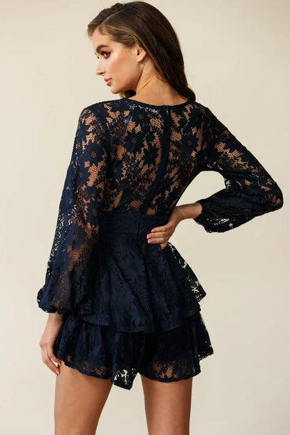 Navy Floral Lace Long Sleeve Fit & Flare Romper