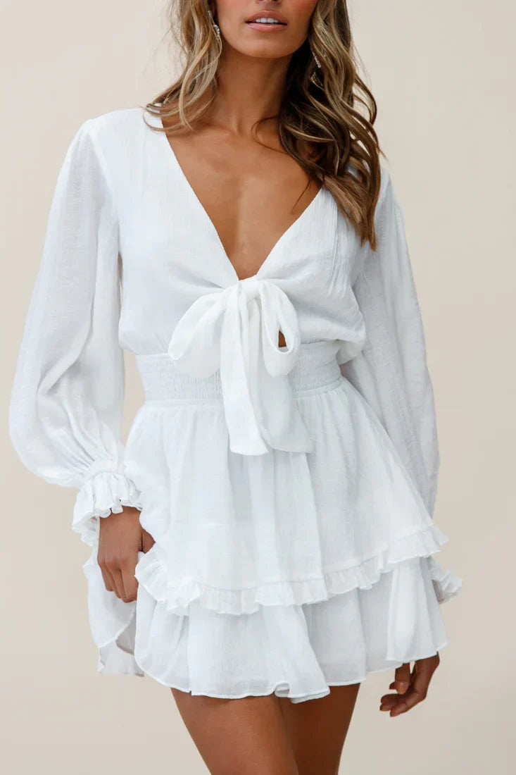 Long Sleeve Bow-Front Layered Frill Mini Dress
