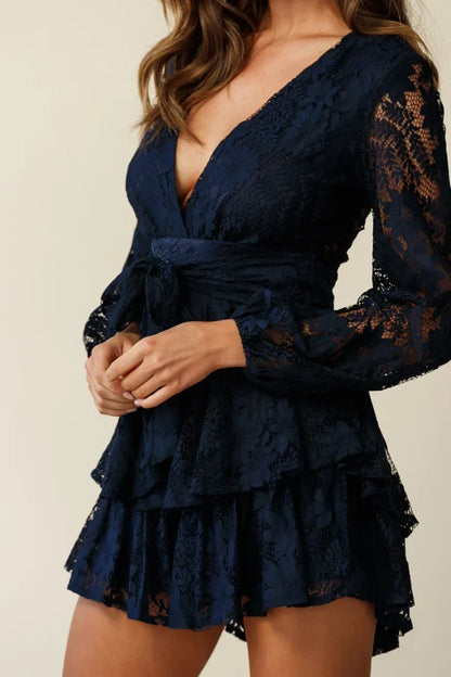 Navy Floral Lace Long Sleeve Fit & Flare Romper