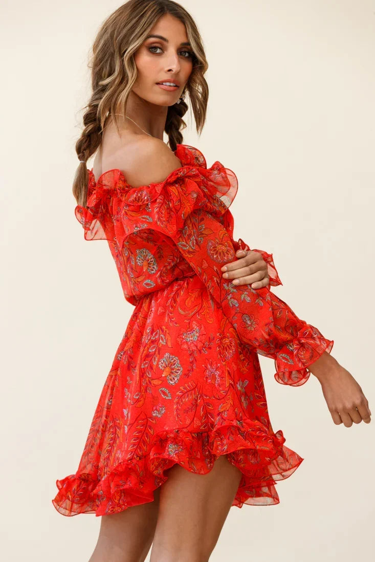 Red Floral Print Off-Shoulder Lettuce Frill Dress