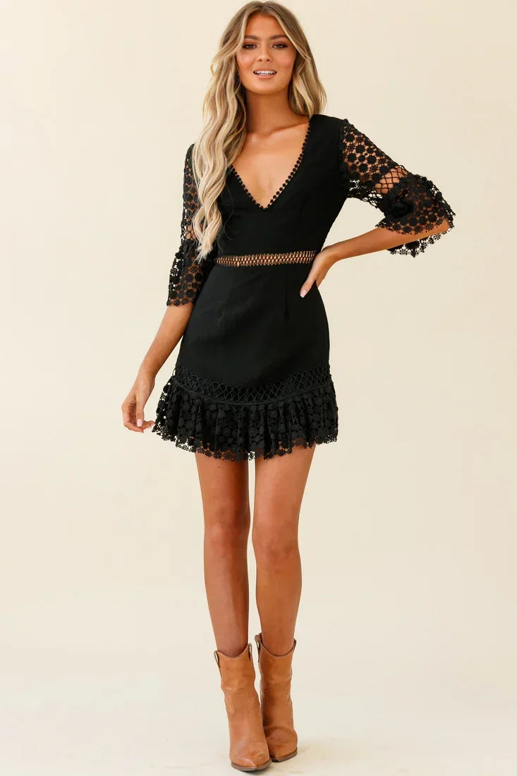 Black Crochet Detail Fluted Sleeve Mini Dress
