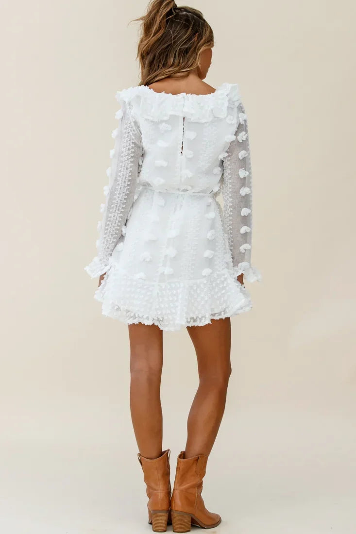 White Embellished Chiffon Long Sleeve Frill Neckline Mini Dress