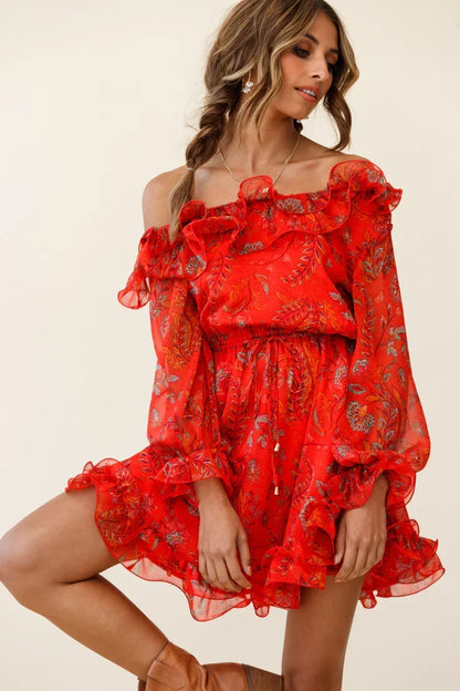 Red Floral Print Off-Shoulder Lettuce Frill Dress