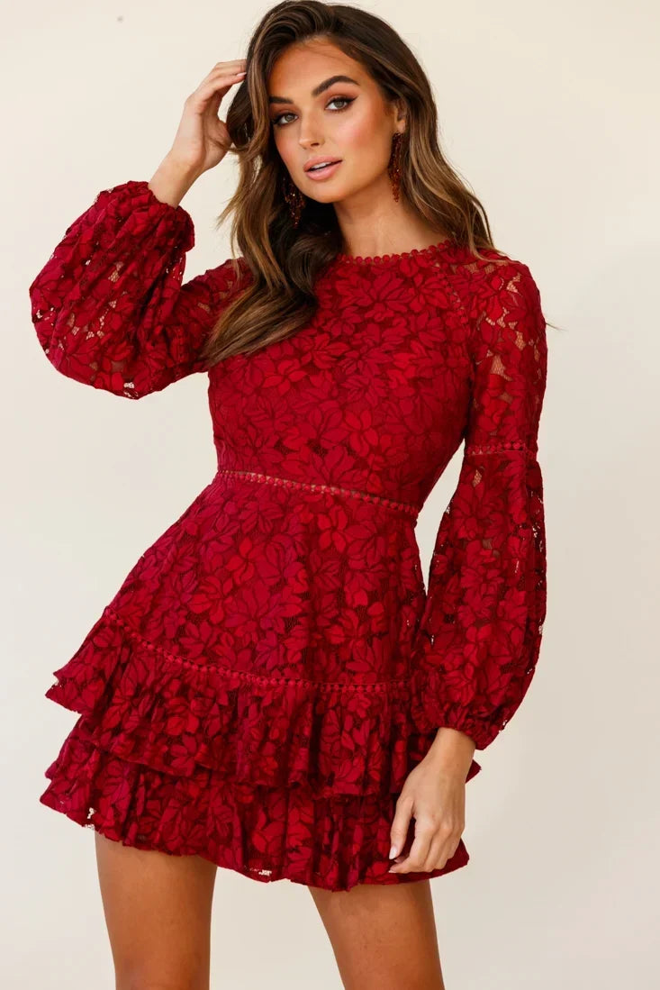 Wine Lace Overlay Long Sleeve Ruffle Mini Dress