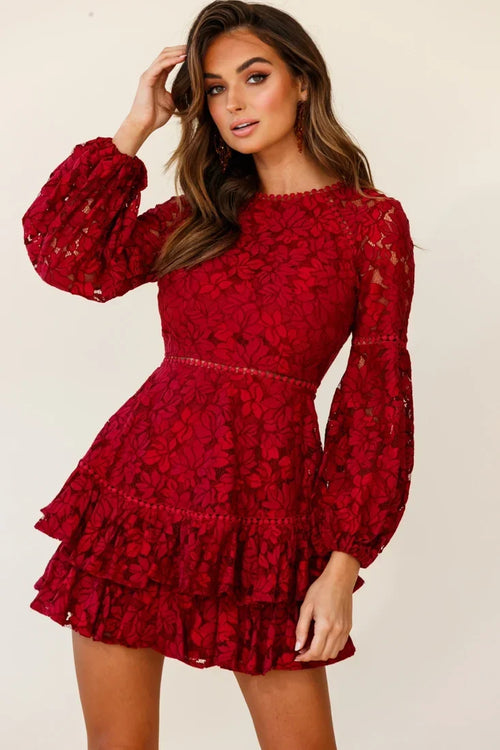 Wine Lace Overlay Long Sleeve Ruffle Mini Dress