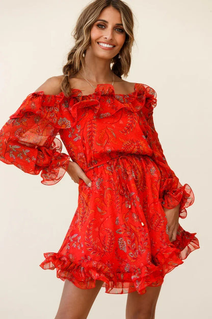 Red Floral Print Off-Shoulder Lettuce Frill Dress