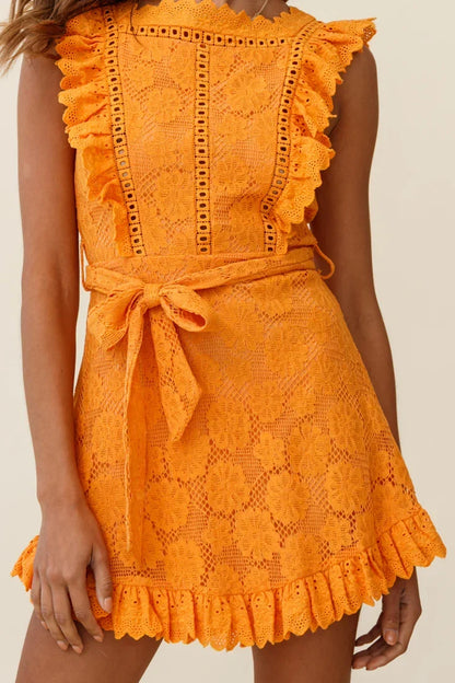 Sleeveless Belted Crochet Frill Mini Dress