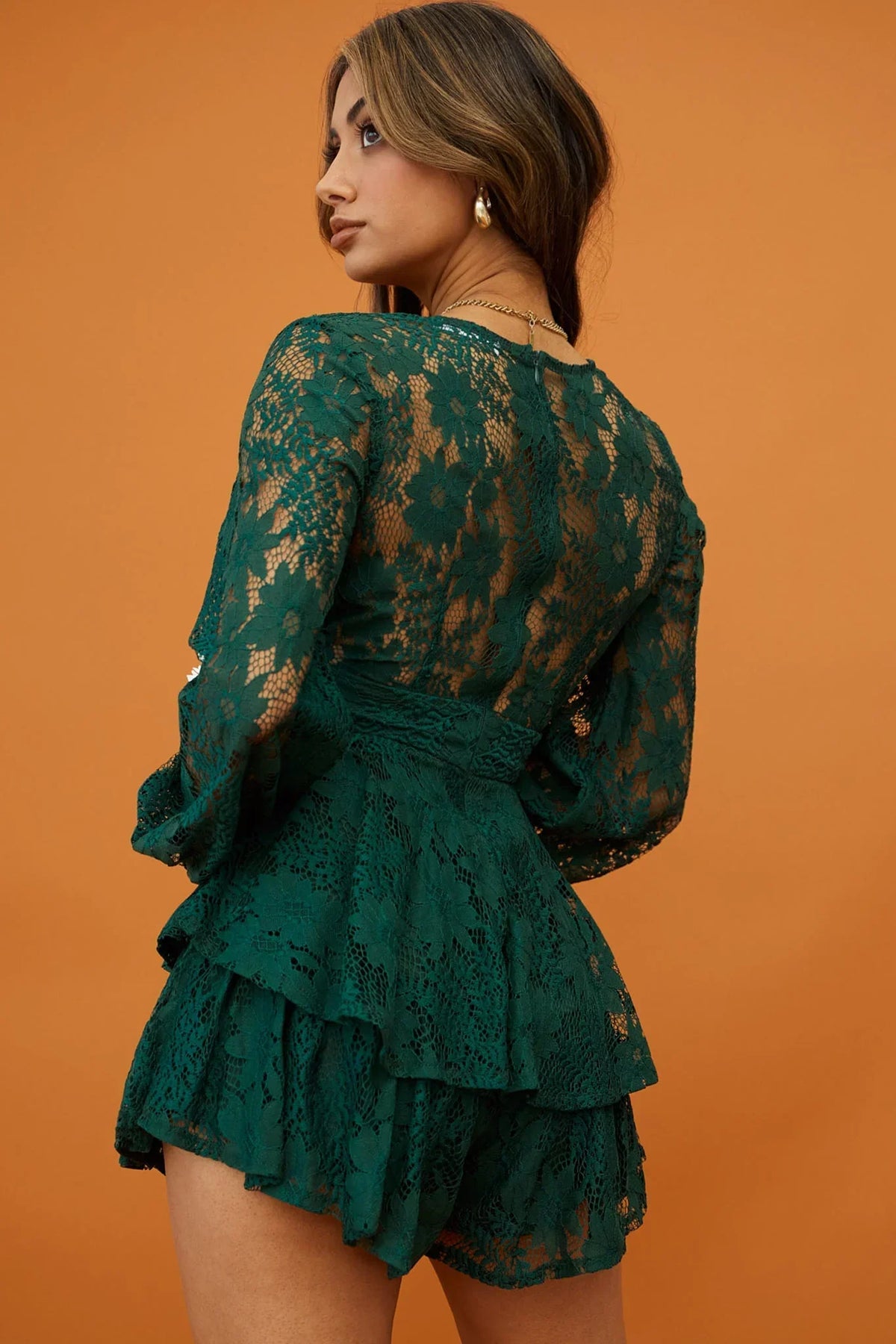 Forest Green Floral Lace Long Sleeve Fit & Flare Romper