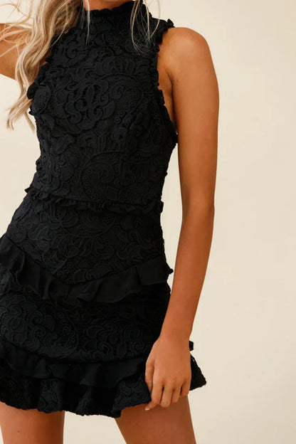 Sleeveless High Neck Ruffle Lace Mini Dress