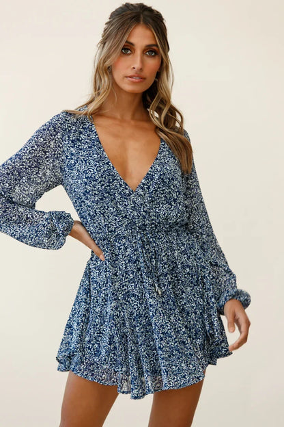 Navy Floral Print Long Sleeve Drawstring Mini Dress