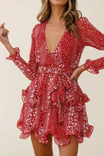 Red Floral Print Tiered Ruffle Chiffon Mini Dress