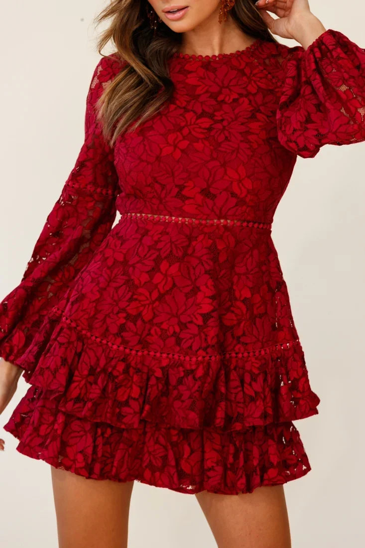 Wine Lace Overlay Long Sleeve Ruffle Mini Dress
