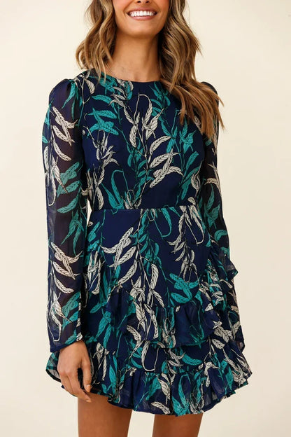 Navy Leaf Print Long Sleeve Double Ruffle Mini Dress