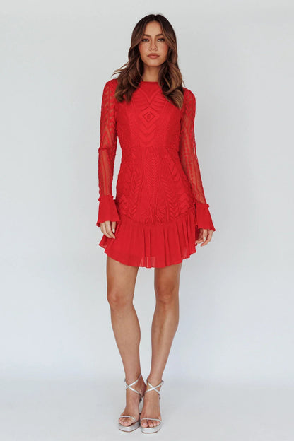 Red Long Sleeve Pleated Hem Mini Dress