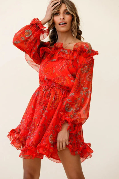 Red Floral Print Off-Shoulder Lettuce Frill Dress