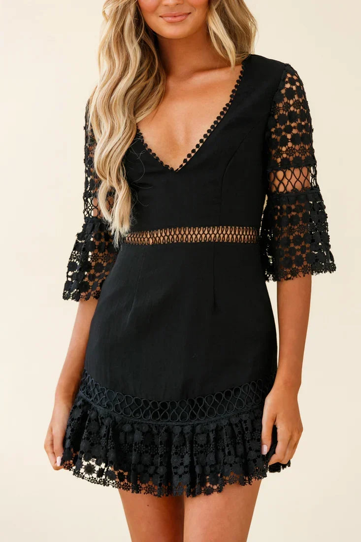 Black Crochet Detail Fluted Sleeve Mini Dress