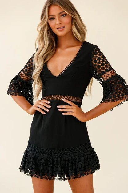 Black Crochet Detail Fluted Sleeve Mini Dress