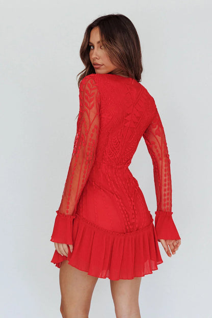 Red Long Sleeve Pleated Hem Mini Dress