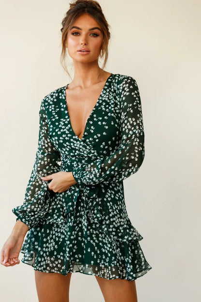 Forest Green Floral Print Layered Balloon Sleeve Mini Dress